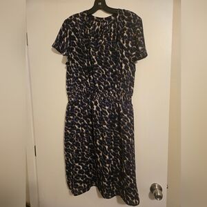MASSINI Plus Size Blue Leopard Print Smocked Waist Georgette Dress 1X